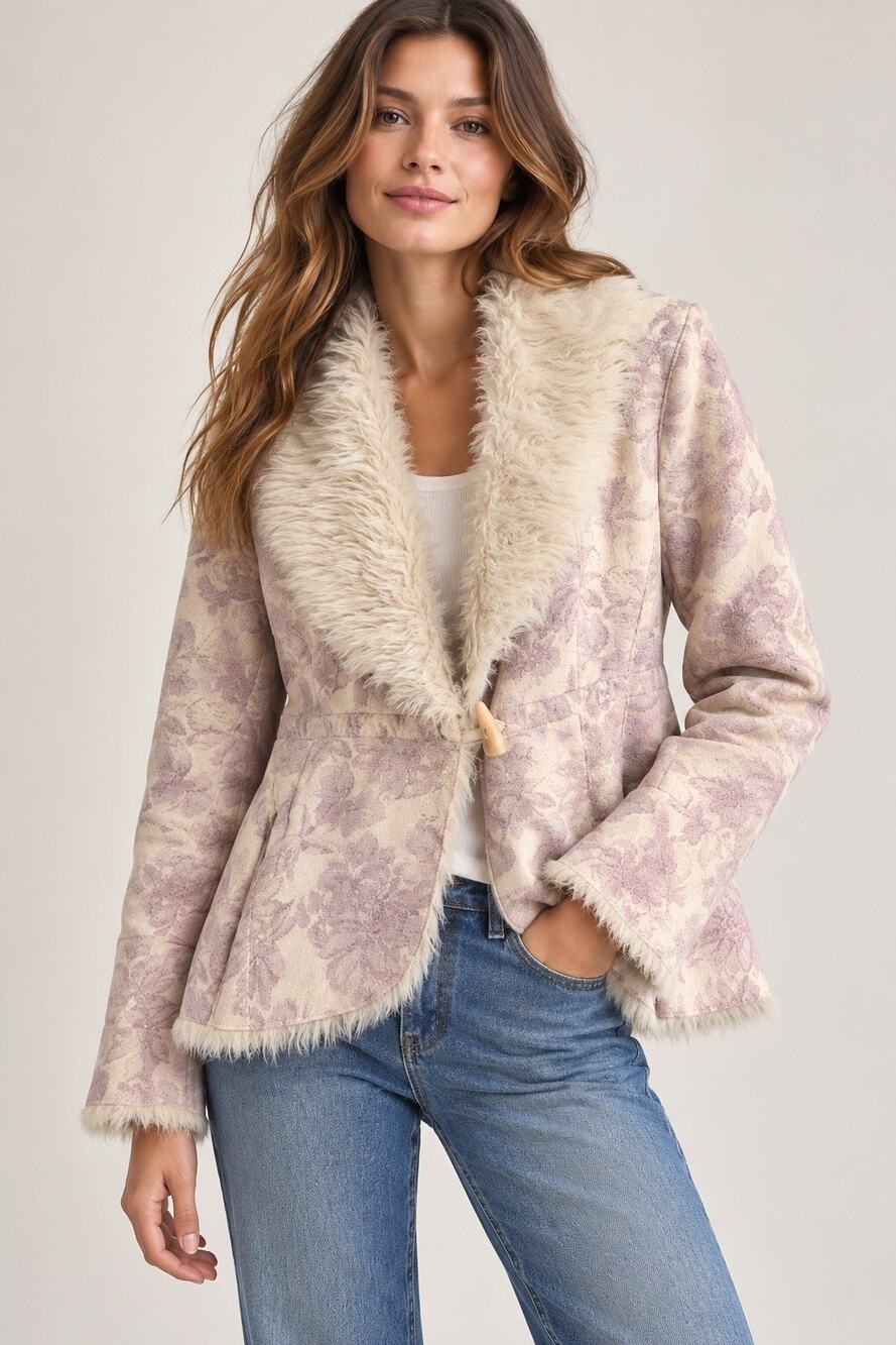 Vintage Lakeland Penny Lane Coat Vegan Suede Brocade Faux Fur Pink Ivory 12
